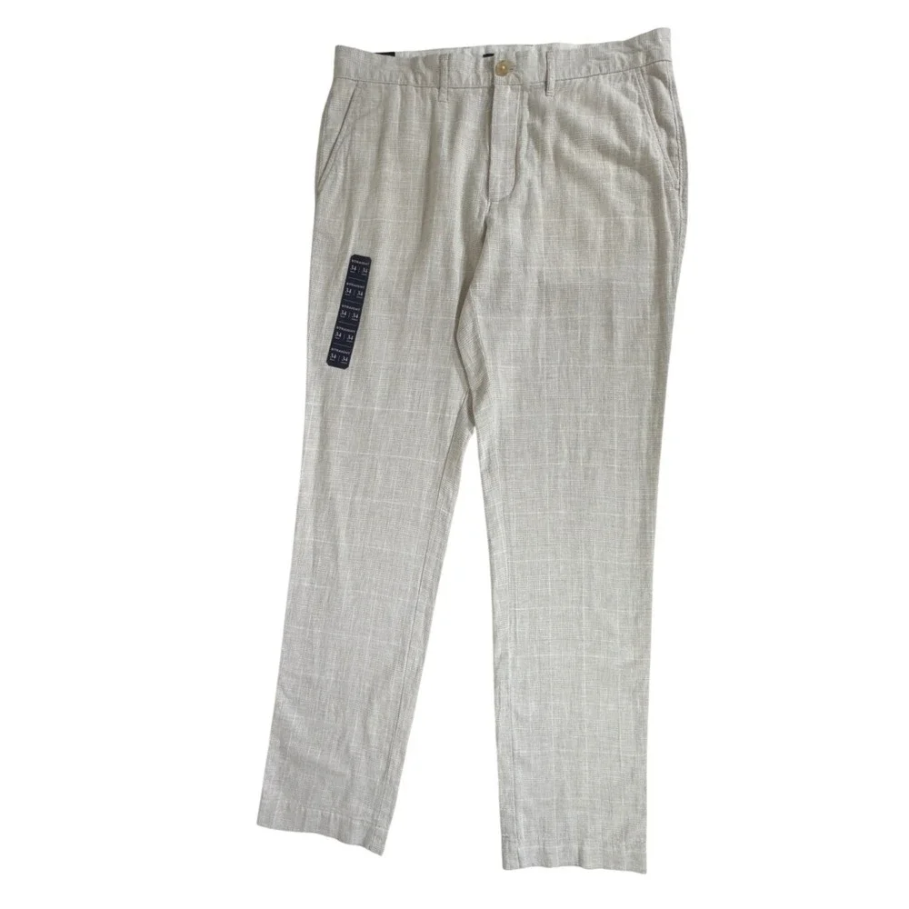 J Crew Factory Straight Fit Pants 34x34 Beige Glen Plaid Linen Cotton Blend NWT